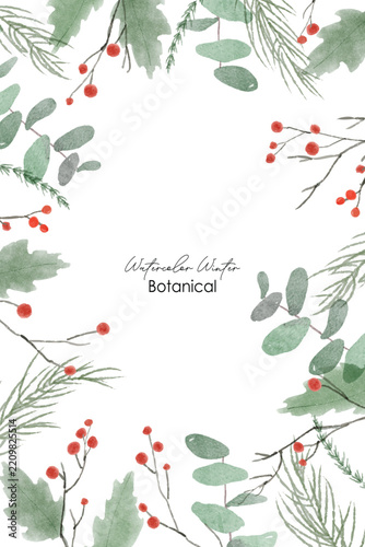 Botanical winter watercolor wreath frame background  floral leaves, branches, twigs etc. Watercolor traced isolated greenery illustration. Spring, summer, autumn leaves.