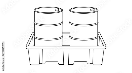 Black outline vector icon of two storage drums standing inside a rectangular spill containment pallet with walls drawn with medium lines in centered view showcasing industrial safety storage