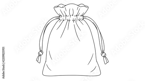 Line art illustration of a drawstring pouch with gathered ruffled top, cinched neck and two knotted side cords with tassels, thin delicate lines in centered front view capturing plump textile volume