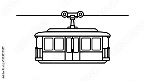 Black outline vector icon of a hanging cable car with overhead trolley wheels on a wire, grip post, windowed cabin with double doors and end railings drawn with medium lines in centered front view