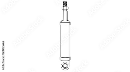 Black outline vector icon of a vertical hydraulic damper cylinder with threaded top stud, narrow piston rod plus lower eyelet mount, thin lines in upright view detailing elongated tubular body