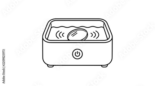 Line art illustration of a rectangular ultrasonic cleaner holding wavy liquid and oval lens emitting curved waves with front power button, thin lines in front view conveying gentle cleaning vibration