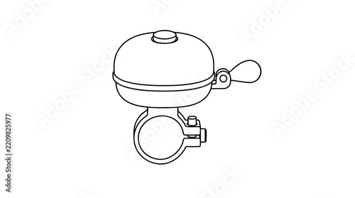 Black outline vector icon of a vintage bicycle bell with domed cap, side thumb lever plus teardrop actuator and round handlebar clamp, thin lines in front view capturing compact metallic chime profile