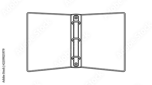 Black outline vector icon of an open three ring binder with two blank covers and spine mechanism with circular rings and rivets drawn with thin lines in symmetric top down centered composition