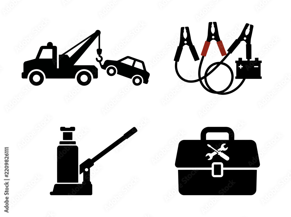Fototapeta premium Roadside Assistance Icon Set Featuring Tow Truck, Jumper Cables, Hydraulic Car Jack, and Portable Mechanic Toolbox Collection