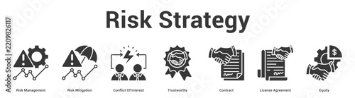 Risk Strategy web banner icon set vector illustration concept for business with icon of Risk Management, Risk Mitigation, Conflict Of Interest, Trustworthy, Contract, Lice.