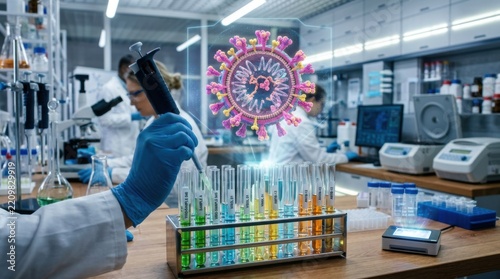 Scientist in lab researching coronavirus holographic virus model and test tubes with colorful liquids