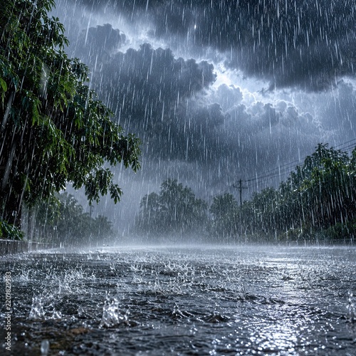 heavy summer Heavy summer downpour with intense rain falling on a wet asphalt street and green trees under a dramatic stormy sky atmosphere landscape lifestyle