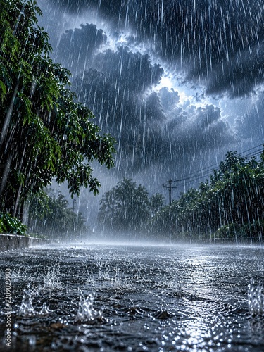 heavy downpour Heavy downpour with dramatic stormy clouds and splashing raindrops on wet asphalt trees foliage lifestyle