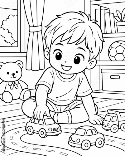 black white Black and white coloring page of a cute little boy playing with toy cars in his room drawing hobby lifestyle
