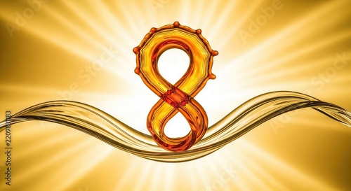 Vibrant orange liquid splashes into a clear oil wave creating a brilliant abstract scene with a glowing golden background for creative design, purity, mixture, illustration