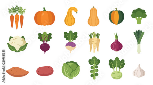 Comprehensive set of fresh organic vegetables icons representing healthy farm products flat design vector illustration