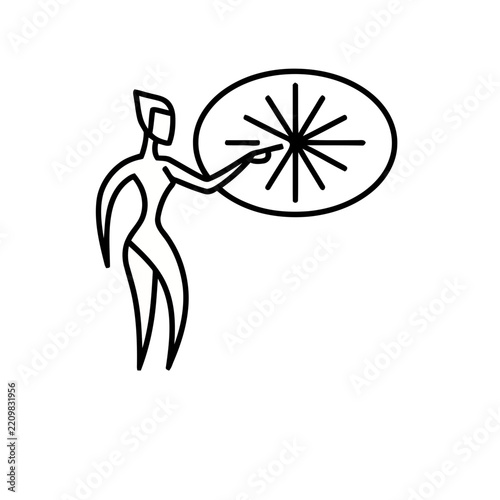 Stylized figure pointing at a starburst in an oval