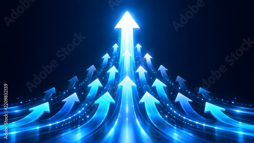 Central glowing blue arrow leading others upwards indicating corporate leadership strategic direction and unified business growth