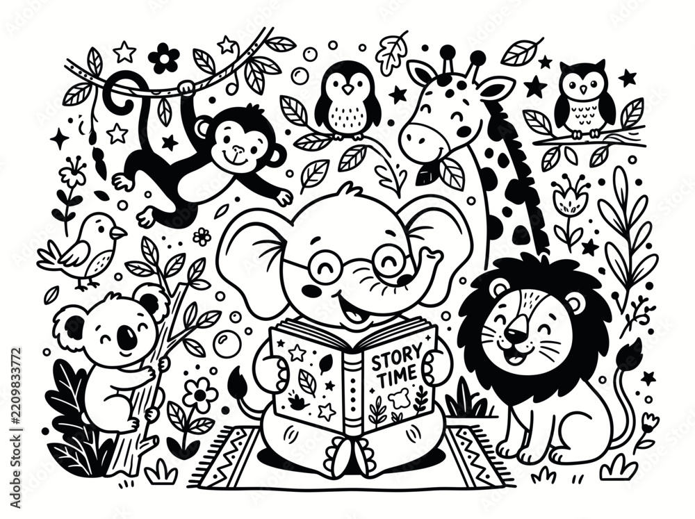 Fototapeta premium Cute Jungle Animals Storytime Illustration