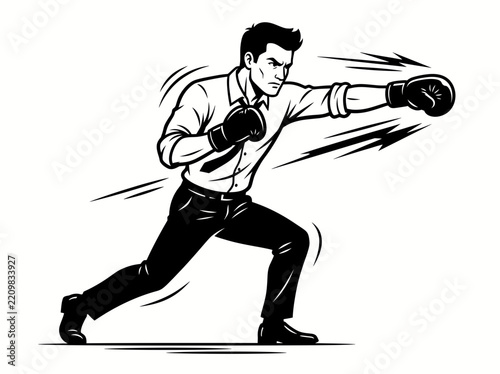 Businessman Boxing and Throwing Punch Line Art