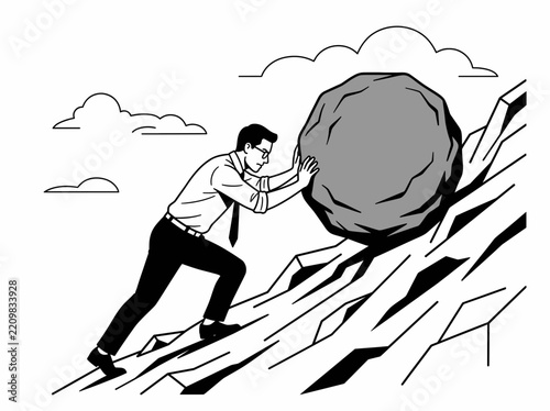 Businessman Pushing Boulder Uphill Sisyphus Concept