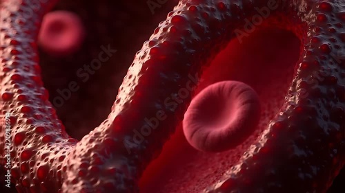 Macro view of crimson erythrocytes circulating within a vascular pathway showcasing the dynamic flow of life's vital red corpuscles and the intricate texture of blood vessels a fundamental element in 