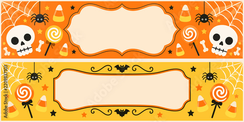Halloween banners with cute skulls, candy, spiders, and cobwebs on an orange and yellow background, perfect for decorations and party invitations