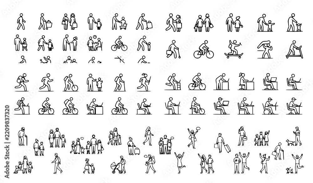 Obraz premium Everyday People Outline Icons Set for Lifestyle Activities Family Shopping and Social Interaction