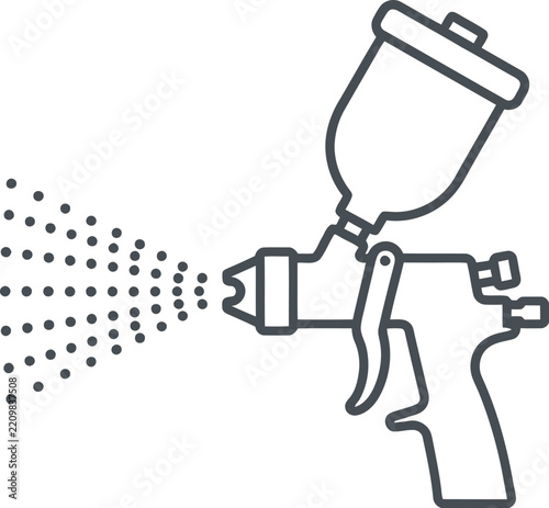 Detailed spray gun vector line art icon illustration displaying industrial painting equipment with spraying mist particles for automotive workshop and mechanical repair service designs