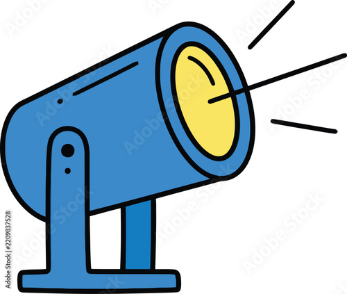 Bright blue spotlight illustration featuring bold outlines and glowing yellow lens with projecting light rays designed in a fun minimalist vector style graphic element