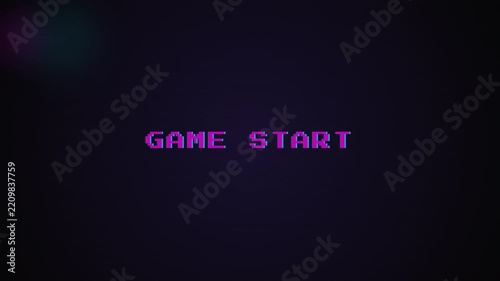 Retro 8 Bit Arcade Screen Featuring a Glitchy Pixelated Game Start Text with Loading Elements. 4K Video
