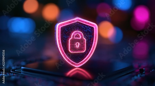 Neon shield with padlock icon on dark background, cybersecurity and data protection concept