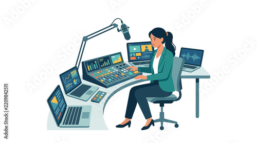 Female media producer managing a live virtual event with multiple monitors and soundboard mixer flat vector illustration.