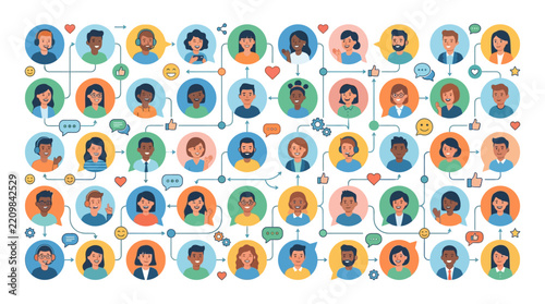 Global diverse people avatars connecting in online community network with social media icons flat vector illustration.