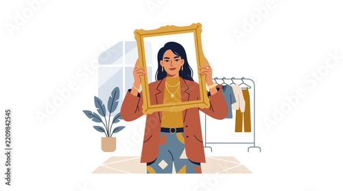 Stylish fashion influencer framing her face with golden picture frame in boutique studio flat vector illustration