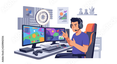 Young male gamer live streaming gameplay from professional home studio setup flat design vector illustration