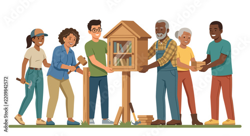 Diverse community members building a wooden free library for neighborhood volunteer project flat design vector illustration.