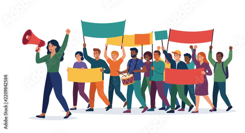 Diverse group of people marching and protesting with megaphone and blank banners flat design vector illustration.