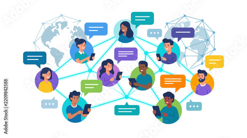 Diverse global users connecting via digital network and social media platforms flat vector illustration