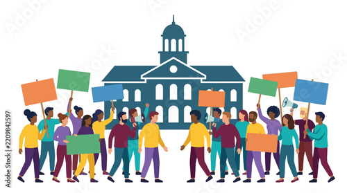 Diverse multicultural crowd of citizens protesting with blank signs in front of government building flat design vector illustration