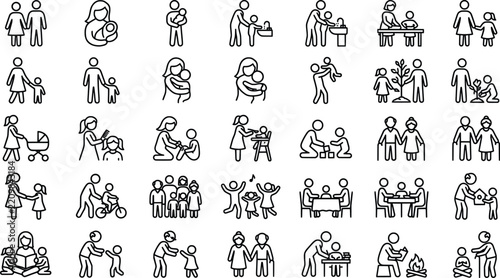 Family line icon set, parenting and childhood vector icons, black thin line pictograms collection for app design
