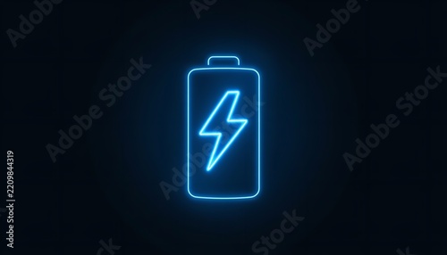 Glowing neon blue battery icon with a sharp lightning bolt symbol representing electrical power energy and modern charging technological advancement
