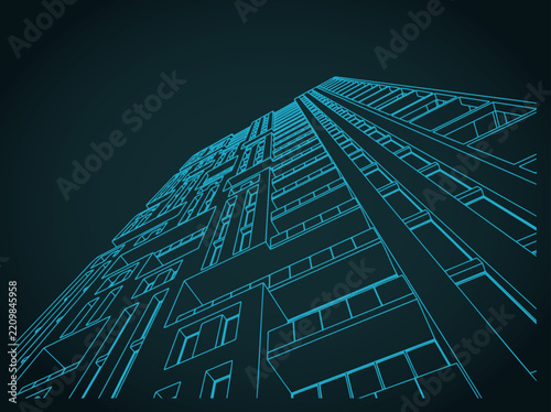 Skyscraper low angle view line art blueprint
