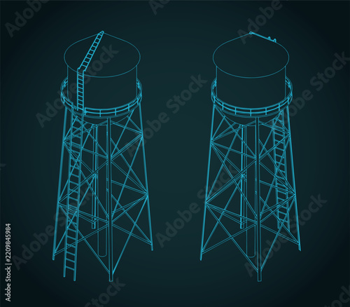 Water tower architectural drawing set, industrial blueprint