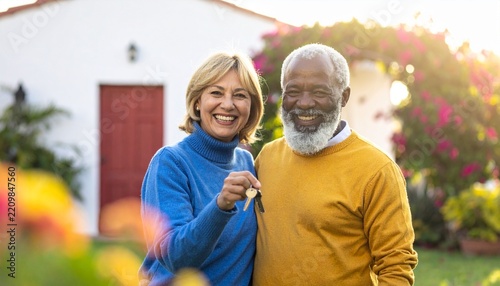 Happy senior multiracial couple holding keys to their new house
