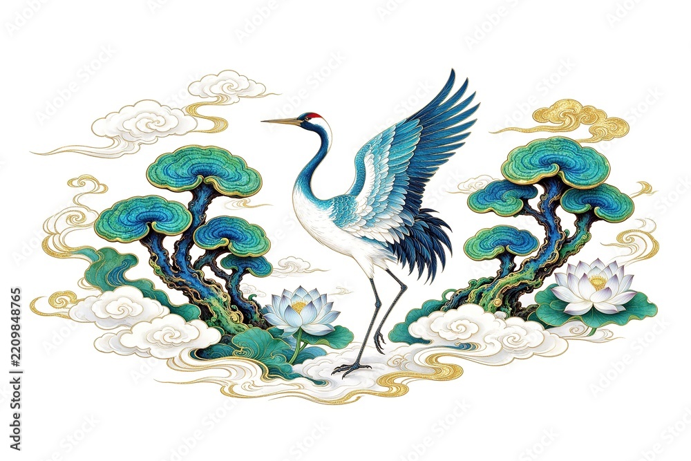Obraz premium Red Crowned Crane Flying With Blue White Feathers Teal Blue Pine Trees White Lotus And Clouds
