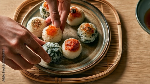 A woman’s hands arranging colorful temari onigiri