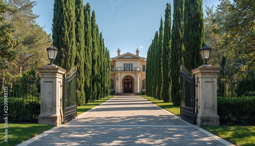 Elegant luxury villa entrance features tall green cypress trees flanking a long stone pathway under clear blue bright sunny skies