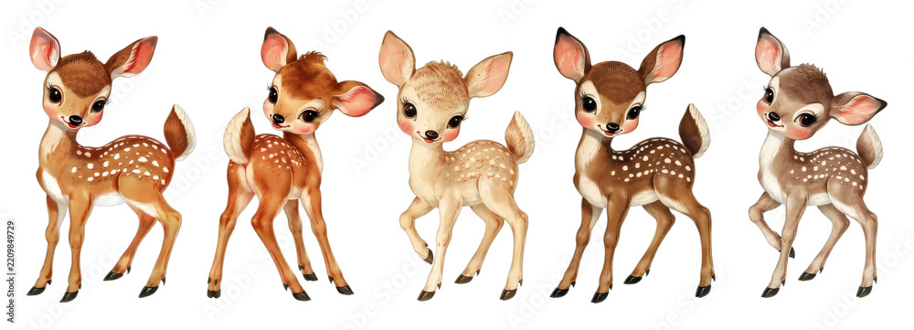 Obraz premium PNG Watercolor illustration of five adorable spotted fawn deer