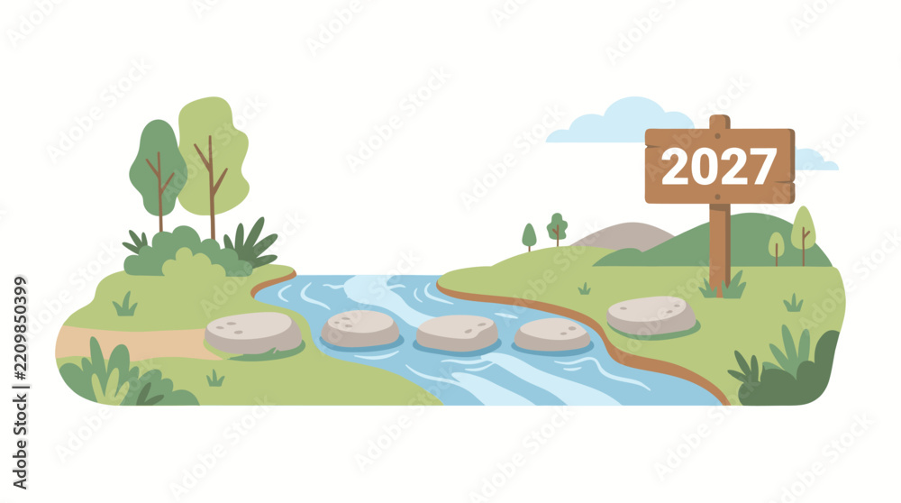Obraz premium A serene 2027 landscape illustration depicting a tranquil river flowing through a lush green environment with stepping stones and a directional sign marking the year