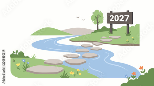 Peaceful Nature Landscape with Stepping Stones Across a Winding River Leading Toward a Signpost Marked with the Year 2027