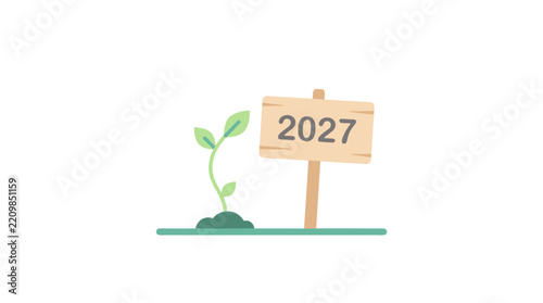 Conceptual illustration of a small green plant growing next to a wooden sign marked 2027 symbolizing future growth and sustainability goals