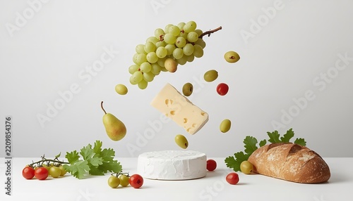 Fresh green grapes and yellow swiss cheese slice floating above a white brie cheese wheel with rustic bread and tomatoes