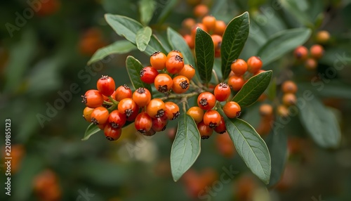 Branch with berries of sea buckthorn and green leaves, with blan
